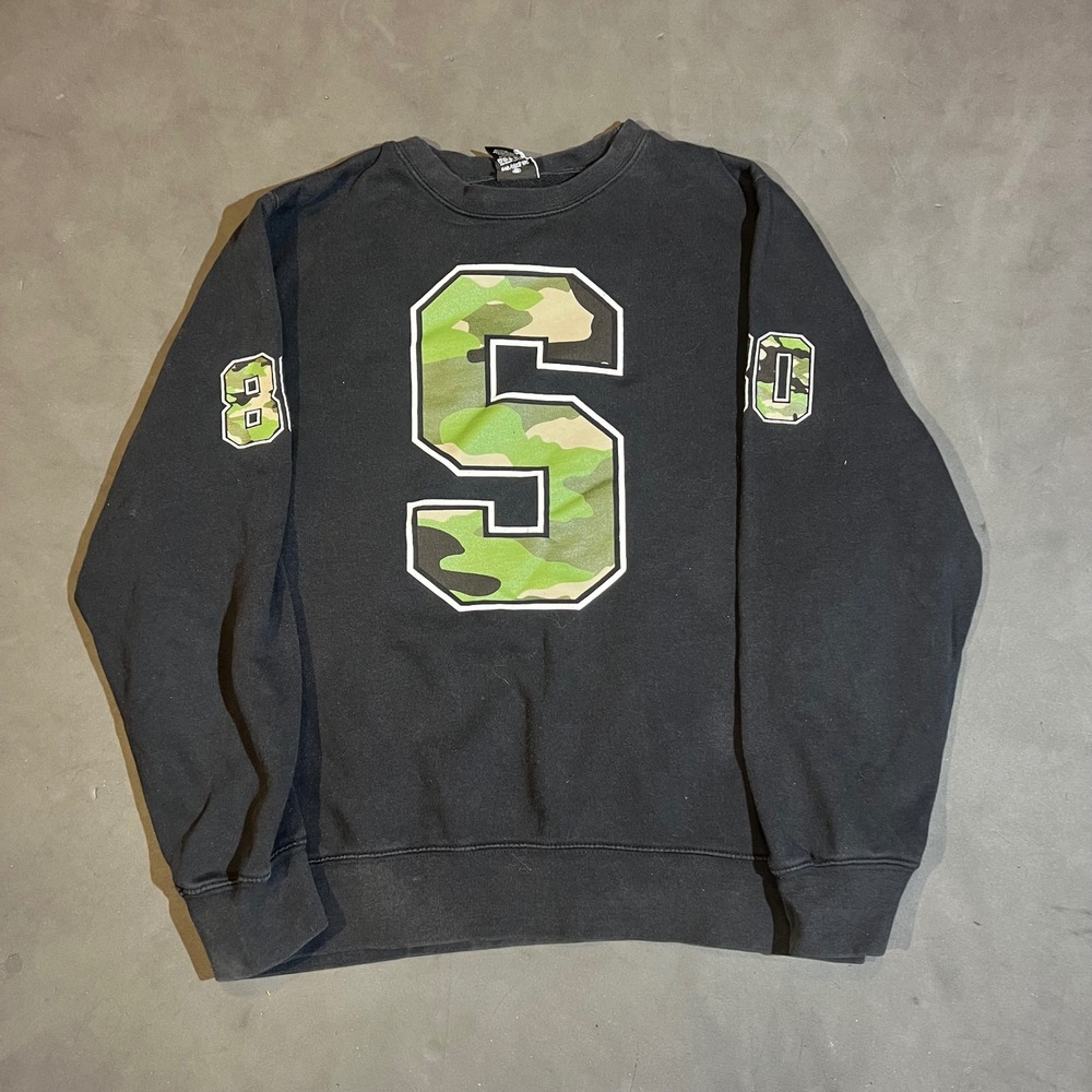 Stussy Mens Medium Black Camo Varsity Big S Pullover Crewneck Sweatshirt USA